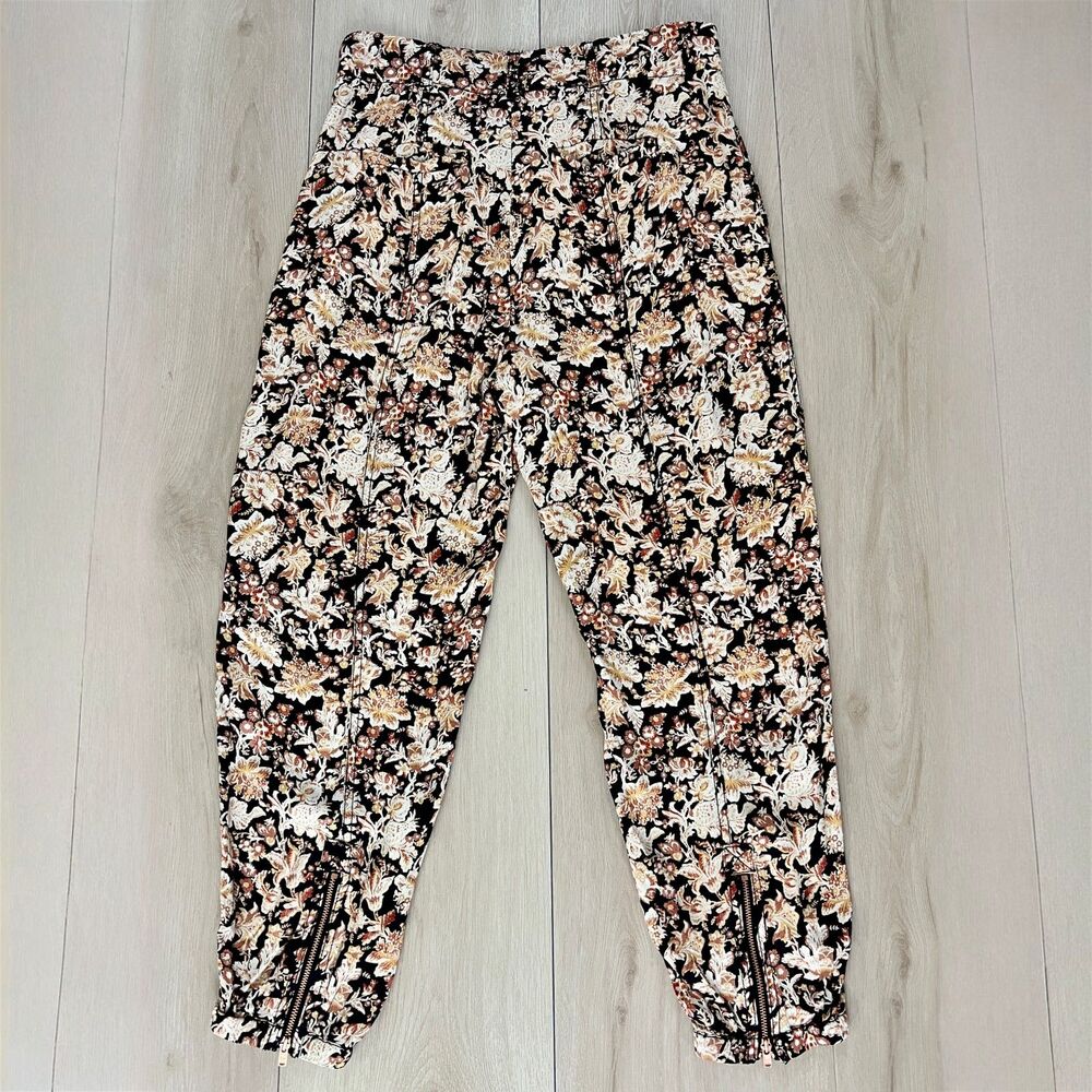 Anthropologie Diandra Cream & Brown Floral Harem Pants with Zipper Cuffs Size 2P
